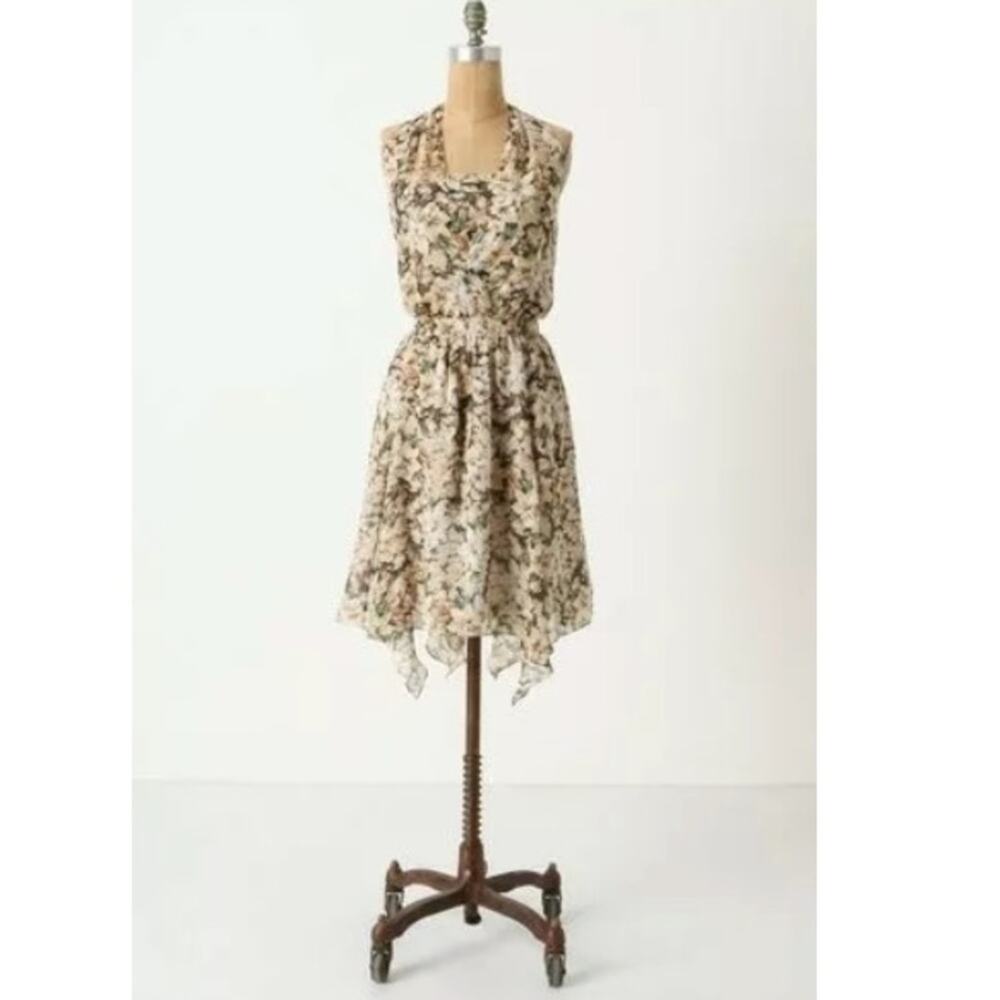 ANTHROPOLOGIE LEIFSDOTTIR Cream Silk Floral Halter Tank Asymmetrical Hem Dress 4
